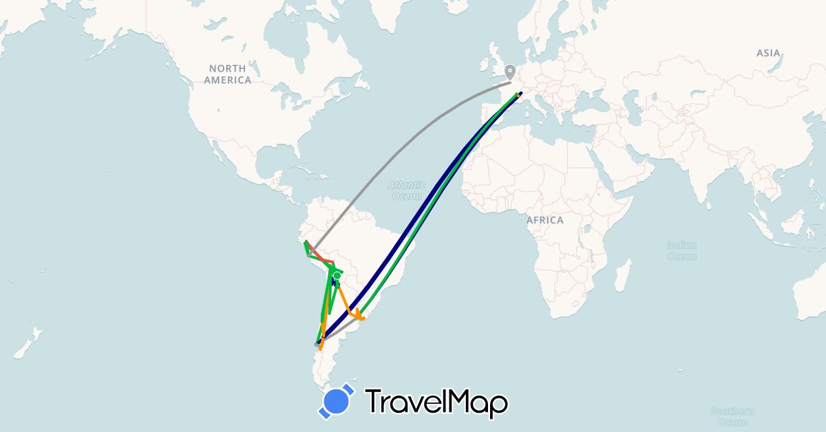 TravelMap itinerary: driving, bus, plane, hiking, boat, hitchhiking in Argentina, Bolivia, Chile, France, Peru, Uruguay (Europe, South America)